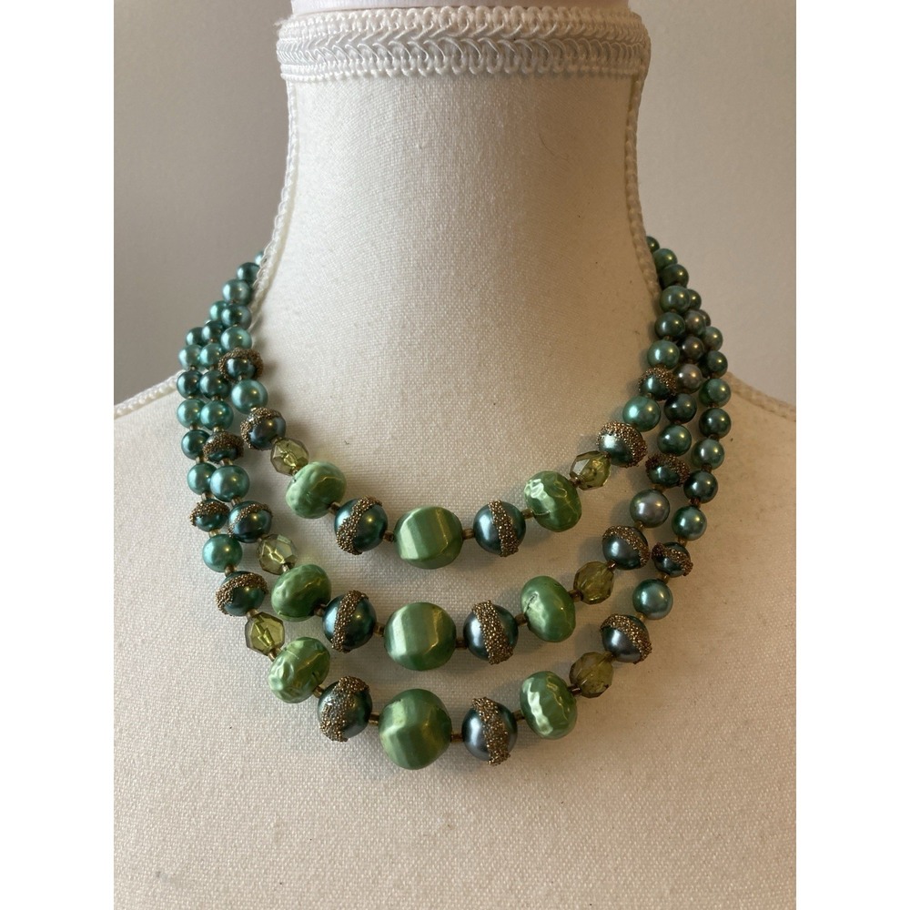 Vintage Multi Strand Necklace Green Faux Pearl Gold Tone Beads Collar Choker